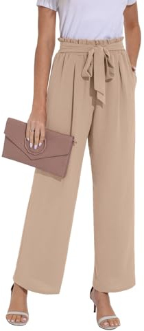 PrinStory Pantalones de pierna ancha para mujer, ligeros, cintura elástica, pantalones de verano con bolsillos, pantalones casuales de trabajo, marrón claro, M