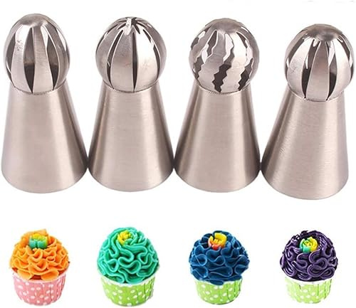 Russian Ball Tips,4PCS Stainless Steel Russian Piping Tips, Ball Shaped Frosting Icing Nozzles, Cake Decorating Tools Set for DIY Baking Supplies (4pcs)
