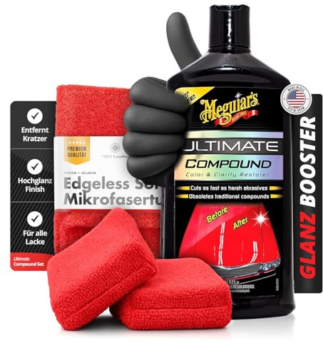 Politurset: Meguiar’s Ultimate Compound Feinschleifpolitur 450ml + 2 Applikatoren + Mikrofasertuch 40×40 + Handschuhe | Handpolitur für sauberes Lackfinish, kratzerfreier Spiegelglanz | 5-teilig
