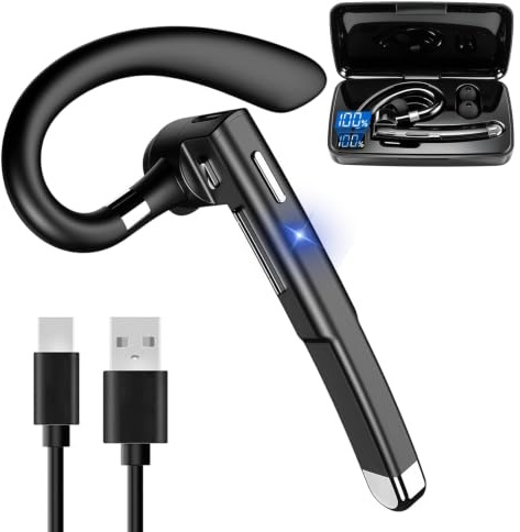 Auricular Bluetooth de Oreja Manos Libres V6.1+EDR Pinganillo Inalámbrico con Doble Micrófono y Cancelación de Ruido, Conexión Doble Dispositivo, Ideal para Móvil, Negocios, Oficina, Negro