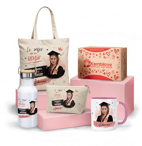 Kembilove® Regalo Graduación Mujer Personalizado con Foto y Nombre - Kit Graduada con Taza, Botella, Neceser y Bolsa Tote Bag - Regalo Original Fin de Carrera Universidad, Máster y Bachillerato