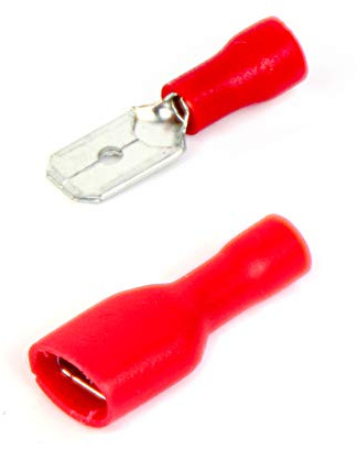 Capicorda x 110 e spina piatta rossa x 55, misura 6,3 mm, raccordo a crimpare, isolato, con certificazione CE, RoHS, SGS