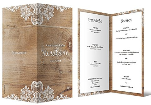 20 x Hochzeit Menükarten Menü Speisen Getränke - Rustikal mit weißer Spitze DIN Lang Klappkarte