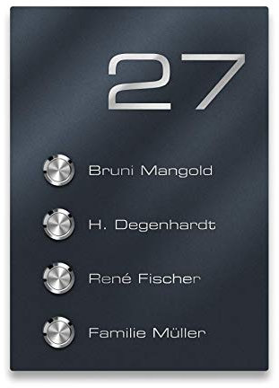Metzler 4-fach Funk Klingel aus Edelstahl - in Anthrazit - inkl. Gravur - rostfrei & massiv - Mehrfamilien-Haus - Klingelschild groß (7x Empfänger)