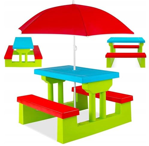Tavoli per Bambini COIL, Tavoli da Giardino, Tavolo da Picnic per Bambini con Panche e Ombrellone Rimovibile, Tavolo da Gioco, Panchina da Tavolo, Sedia per Bambini, Tavolo, Panchina, Sedia(verde)