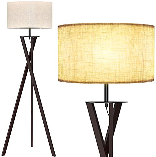 LEPOWER Lámpara de pie de pie, lámpara de trípode moderna, lámparas de pie de madera de mediados de siglo para sala de estar, dormitorio y oficina, pantalla de lámpara de lino con base de lámpara E26