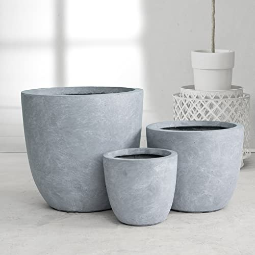 Kante AC0050ABC-60611 Große Beton-Pflanzgefäße (3 Größen), Outdoor Indoor Moderne Pflanztöpfe Leicht Wetterbeständig Nahtlos mit Ablaufloch (Hellgrau)