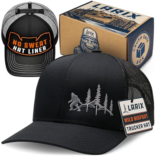 Larix Trucker Hat Men Hats for Men Bigfoot Sasquatch Gifts Black Mens Hats