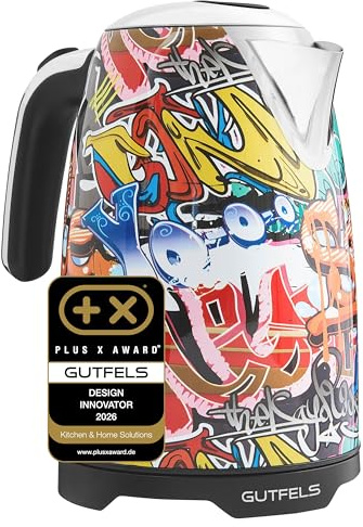 Gutfels Wasserkocher Water 3010 G - 1,7L, 2200W, Graffiti-Design, Bunt | Design Teekocher mit Kalkfilter, 360-Grad-Sockel und Uberhitzungsschutz. Urbaner Street-Art Style fur die Kuche.
