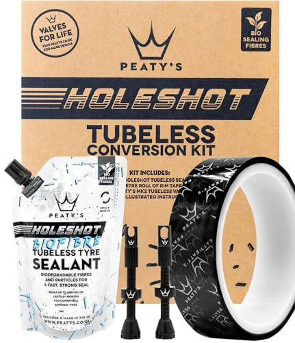 Peaty's Kit Conversione Tubeless per Bici - XC e Pista, Set Completo con Valvole da 42 mm, Nastro da 25 mm e 2 Buste Sigillanti da 120 ml, Conversione di Pneumatici per Bici Tubeless