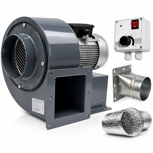 UZMAN OB200M Radialgebläse + Drehzahlregler + Flansch + 10 Meter Alu-Flexrohr | 1800 m³/h Industrie Radiallüfter | Saugventilator 230V für Werkstatt, Absaugung und Lüftungssysteme