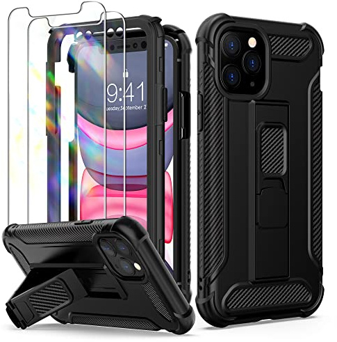 ORETECH iPhone 11 Pro Hülle: Mit [2 Stück Schutzfolie, Ständer, Vordere und Hintere Schutzhülle], [Militärschutz] Stoßfest Ganzkörper Handyhülle für iPhone 11 Pro, Schwarz