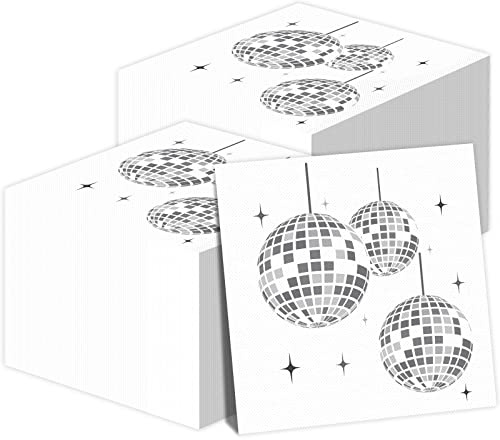 ZOIIWA 100 Pack 70s Disco Party Napkins - Silver, 3-Ply Paper, 25cm x 25cm - Disco Ball Design - Perfect for 70s/80s/90s Parties, Birthdays, Weddings & More