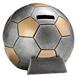 Fußball Pokal Spardose mit Gravur - 13 cm Trophäe Award Silber & Gold | Personalisierbares Geschenk für Fußballfans, robuste Resin Trophäe mit Wunschtext, ideal für Jubiläum oder Siegerehrung