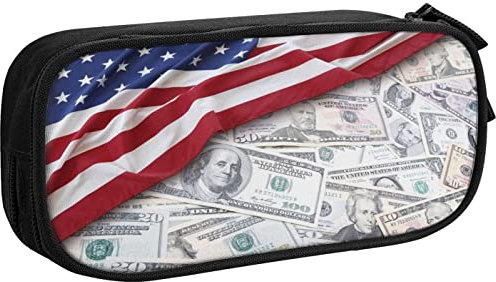 LOUJIN Federmappe mit amerikanischer Flagge und Dollarscheinen, doppellagig, großes Fassungsvermögen, Reißverschluss, Schreibwaren-Aufbewahrungstasche für Jungen und Mädchen, farbe,