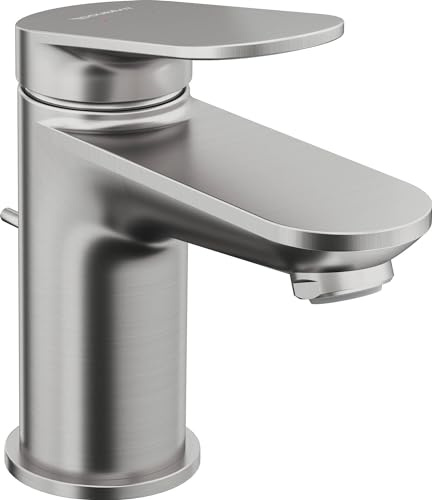 Duravit Wave Waschtischarmatur, Größe S (Auslauf Höhe 77 mm), Wasserhahn Bad mit Zugstangen-Ablaufgarnitur, Armatur Waschbecken, Edelstahl Gebürstet