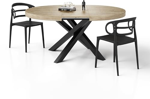 MOBILI FIVER, Runder ausziehbarer Tisch Emma, 120-160 cm, Eiche mit gekreuzten Schwarzen Beinen, Made In Italy