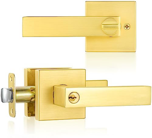 SHINY HANDLES Gold Door Handles Door Knobs wth Lock,Satin Brass Door Lever Keyed Alike Front Entry Door Handle Interior/Exterior (1 Pack)