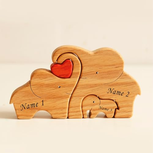 Winscoy Personalisierte Elefantenfamilie aus Holz mit 2–6 Namen, individuelles Holzornament als Familienandenken, Tischdekoration, personalisiertes Geschenk für Mama, Papa, Hochzeit, Geburtstag
