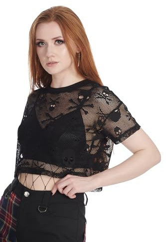 Banned Camiseta Corta Rejilla con Calaveras Negra Skull Queen Cropped Top Manga Corta (S)