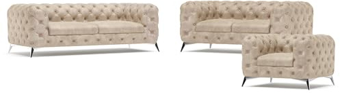 S-Style Möbel Erio Sofagarnitur 3 2 1 Polstergarnitur Chesterfield-Couchgarnitur 3-Sitzer Sofa 225x100x75cm 2-Sitzer Sofa 185x100x75cm Sessel 125x100x75cm Silberne Metallfüße Beige