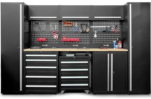 Ondis24 XXL Werkstatt Komplett Set 325cm Männerküche Werkstattrichtung modular mit Buchenholzarbeitsplatte, Werkzeugschränke, Werkbank mit Schubladen (9 TLG.)