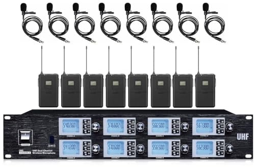 8 Channel UHF Wireless Lavalier Lapel Microphone System for School Stage Theatre