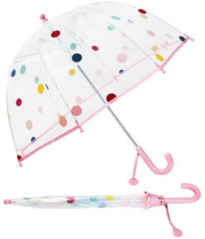 Regenschirm Kinderschirm Stockschirm, Windsicher Robustheit Regen Regenschirm Transparent, Kinderregenschirm Durchsichtig Junge Mädchen, Kuppel-Blasenschirm Durchmesser=70cm (Rosa Polka Dots)