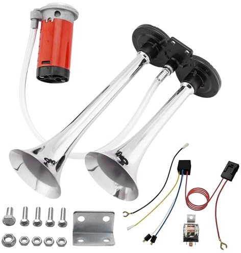 ERMWALR 12V Dual Speaker Air Horn with Compressor Kit Suitable for Cars Motorcycles Boats Trains Trucks and Other Vehicles Featuring Ultra Loud 115 Decibel Car Horn (Silver)