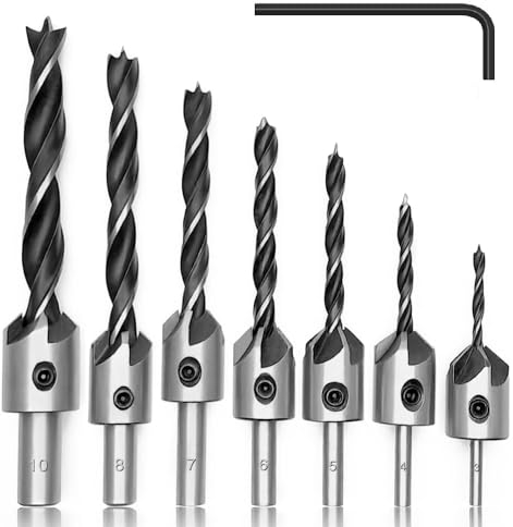 Fixinus Lot de 7 forets fraisés avec clé à six pans creux HSS 5, alésoir, outil pour le travail du bois, plastique, 3, 4, 5, 6, 7, 8, 10 mm