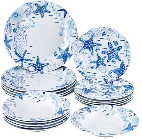 Baroni Home Servizio di Piatti da 18 pezzi in Porcellana, Servito da Tavolo Colorato per 6 Persone, Piatto Fondo, Piano, da Frutta o Dolce Stelle Marine