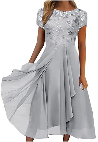 AMDOLE Kleider für Damen, Rundhalsausschnitt, Pailletten-Druck, Maxirock, langes Kleid, Ballkleid, weiß, 4XL