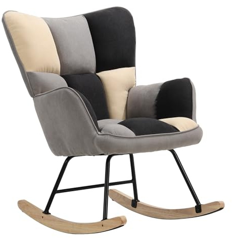 HaiYiZuhause Schaukelstuhl, Moderner Sessel mit hoher Rückenlehne, Weicher Relaxstuhl & Stillsessel für Wohnzimmer, Schlafzimmer, Babyzimmer & Leseraum, Schaukelstuhl, Schwarz, Grau, Weiß