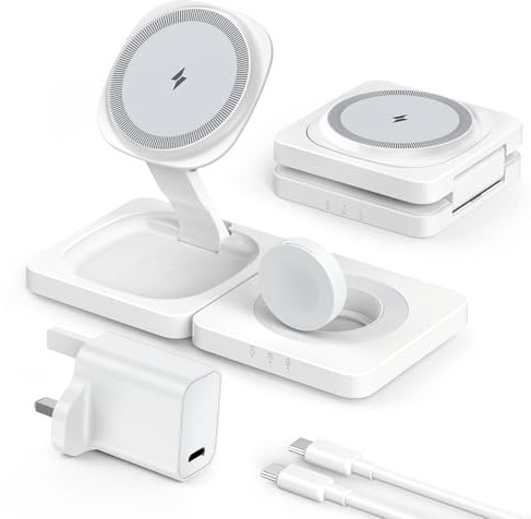 3 in 1 Charging Station for Apple Multiple Devices, ADADPU-Foldable Travel Wireless Charger 20W for iPhone 17 16 15 14 13 12 Pro Max Plus and Apple Watch Series Airpods (White)