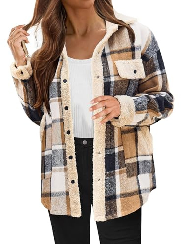 Veste de chemise pour femme à carreaux en polaire - Veste de bûcheron - Boutonnière - Veste de sport à manches longues - Veste d'hiver moelleuse - Coupe-vent - Chaude - Avec poche