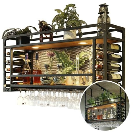 Modern Metal Wall Mounted Wine Display Rack, Large Capacity Ceiling Wine Rack, Can Hanging Or Wall Mounted, Simple Type With Light Wine Rack For Bar, Restaurant, Indoor (BLACK, 80*30*55+40cm)