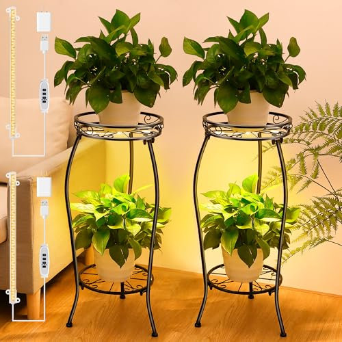 Dunkive 2-stöckiger Pflanzenständer für den Innenbereich mit Wachstumslicht, 70 cm hoch, Pflanzenständer für mehrere Pflanzen, robustes Pflanzenregal, rostfreies Metall-Pflanzenregal für Haus, Garten,