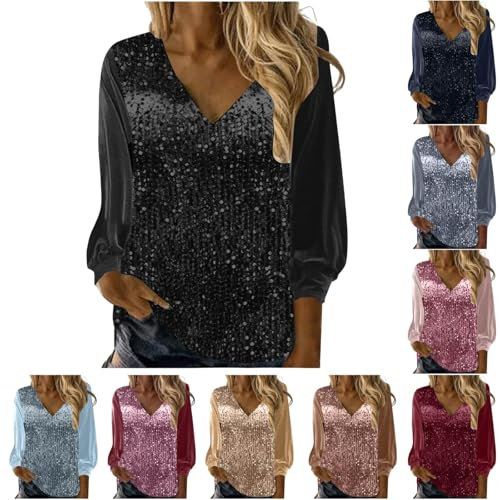Paljetttoppar för kvinnor UK långärmad – kvinnors glittrande festtoppar kvinnor avslappnad elegant glitter blus glittrande tunika toppar fest natt långärmad topp v-hals skimmer t-shirts kvinnor
