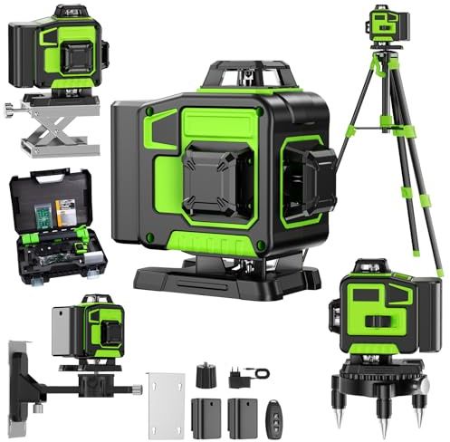 Niveau Laser Chantier Autonivelant 360° x 4, Lazer Niveaux 4D 16 Lignes Laser, Mode Impulsion ExtéRieur, 2 x Batterie, Nivellement Automatique, Support Rotatif, Télécommande(Avec trépied)