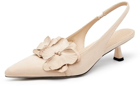 Coutgo Womens Slingback Kitten Heels Flower Closed Pointed Toe Pumps Wedding Party Dress Sandals Shoes, Nude, Size 8.5