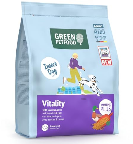 Green Petfood InsectDog Vitality con insetti e anatra (1 x 900 g), per adulti, cibo secco di alta qualità per cani adulti, senza glutine, con vitamina E & C, basso contenuto di grassi, confezione da 1