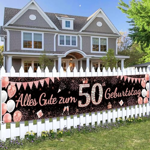 50. Geburtstag Banner Roségold Schwarz Frauen - Happy Birthday Deko Hintergrund 50 Jahre, XXL 40 × 210 cm Polyester Stoff Partybanner für 50 Frau Geburtstagsdeko