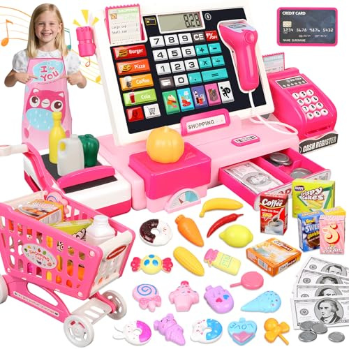 Herenear Cassa Giocattolo per Bambini, Cassa Supermercato Giocattolo - Con 52 Accessori(Vera Calcolatrice/Scanner/Soldi Finti/Cibo, Ecc.), Giocattolo Educativo Regalo per Ragazze Ragazzi 3 4 5 6 7 8