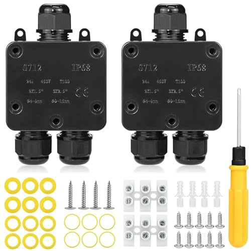 2 Stück Abzweigdose Wasserdicht, 3 Wege Verteilerdose Außen IP68 Wasserdicht mit Gummiringe, Abzweigdose Elektrischer Außenverteilerdose Erdkabel Klemmdose Verbindungsdose für Kabel 4-15mm Durchmesser