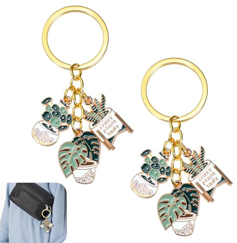 Tyqour 2 Pcs Plant Keychains for Women, Succulent Shaped Cute Keychains Gifts for Plant Lovers, Small Plant Flower Pot Keyring for Bag Purses Keys DIY Accessories (Gold)