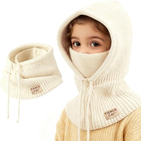 AYPOW Vinterbalaclava för barn, stickad varm mössa termisk halsduk, hattar set halsduk Balaclava keps halsrem öron pojkar flickor utomhus, Beige färg, One size