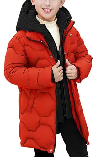 Chaqueta acolchada de invierno para niños grandes con capucha en contraste, abrigo impermeable acolchado cálido, parka acolchada con forro polar, elegante ropa de plumón aislante, rosso, 13-14 años