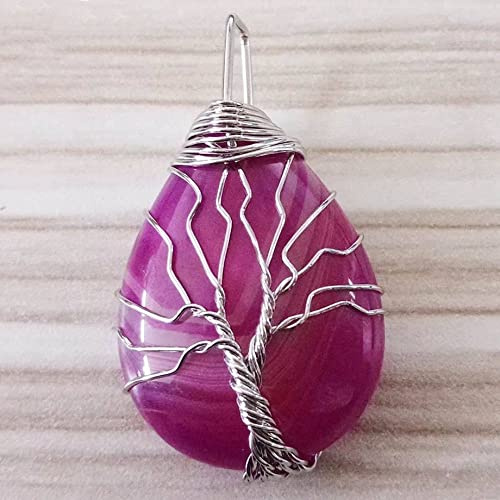 Collar con Colgante de Piedra Natural para Mujer, ágata Rayada Fucsia Natural, Collares de Piedras Preciosas envueltos en Alambre Plateado Hechos a Mano, joyería para Mujer Presente
