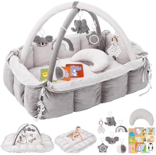 BOBY´S Baby Spielbogen mit Babynest & Krabbeldecke – Baby Gym mit Spielzeug – Spielmatte, Laufstall & Bällebad – weich gepolstert für Neugeborene (Grau)