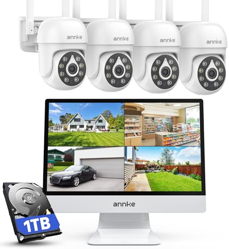 ANNKE Überwachungskamera Set Aussen WLAN mit 12''Monitor, 10CH 1TB HDD NVR | 4X 3K 5MP 360° PTZ WiFi Kameras, 2-Wege-Audio, Spotlight Alarm, Farbnachtsicht, Bewegungsüberwachung, 24/7 Aufzeichnung